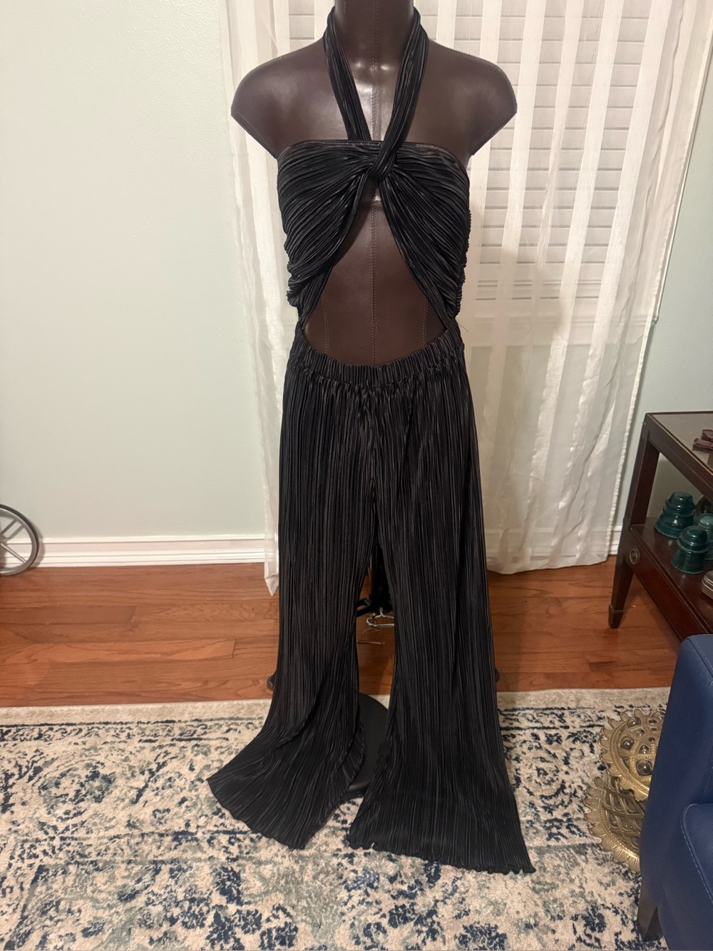 LPA Black Pleated Halter Backless Jumpsuit